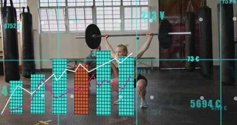 Female weightlifter squatting holding olympic barbell with augmented reality training data