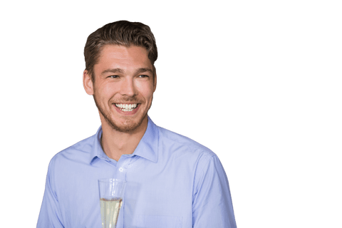 Young Professional Smiling with Champagne on Transparent Background