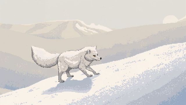 White arctic fox walking across snowy ridge under low sun minimalist pixel art