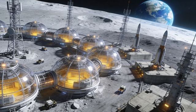Lunar research domes glowing under earthrise with rovers and rockets on regolith