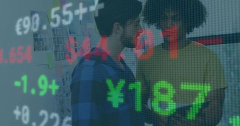 Two Men Analyzing Stock Market Data with Vibrant Financial Graphics