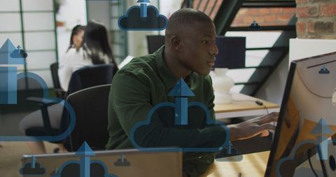 Business professional analyzing cloud data solutions in modern office