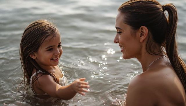 Smiling mother and daughter playing in sunlit lake, reaching hands, family summer bonding