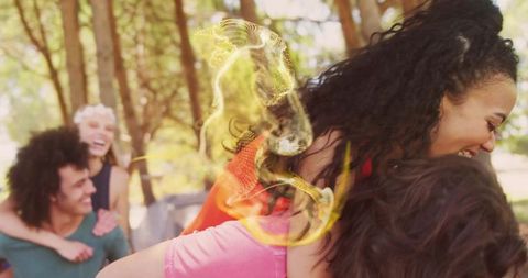 Laughter and piggyback rides in sunlit forest