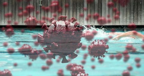 Swimmer in Pool Amidst Digital Virus Illustrations Conveying Pandemic Impact