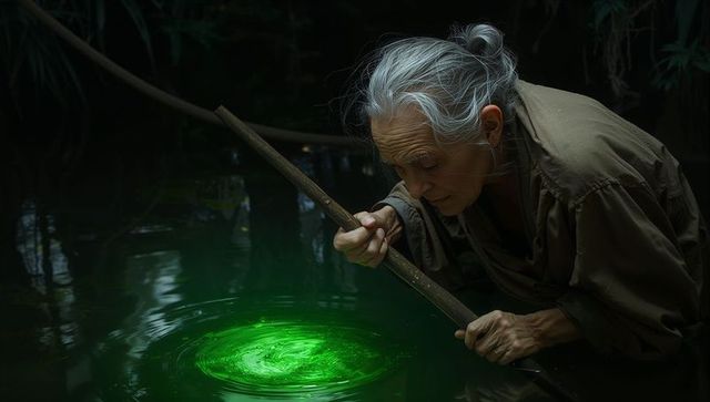 Senior woman exploring glowing green pond at night holding staff, moody mystical scene