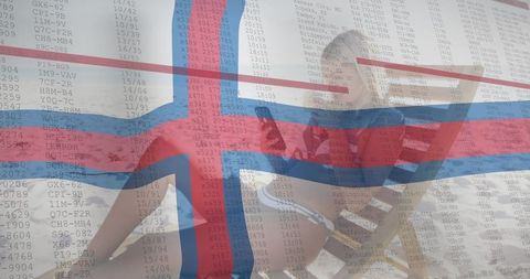 Traveler relaxing beachside with digital reader and air travel itinerary overlay