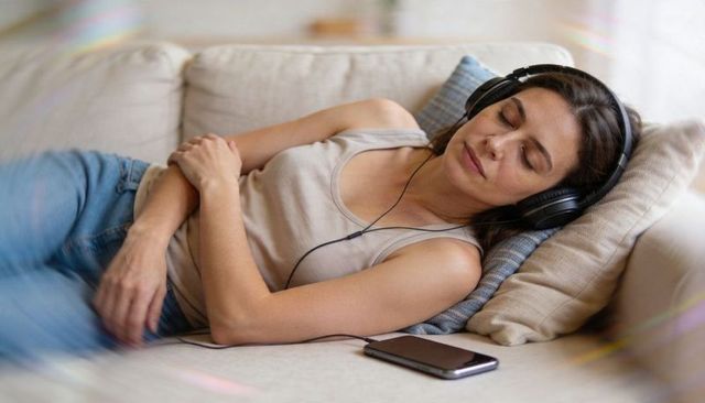 Woman relaxing on sofa listening to music with headphones and smartphone by her side