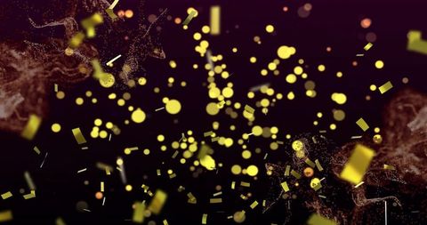 Glowing Amber Particle Burst Pulsing in Violet Space with Gold Confetti and Abstract Bokeh
