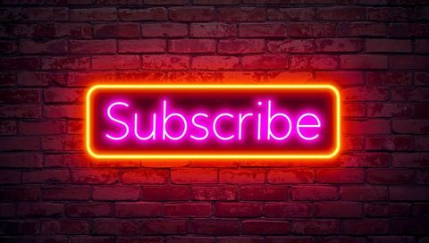 Glowing neon subscribe sign with orange border on red brick wall for call-to-action