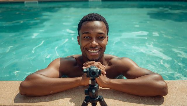 Smiling shirtless man leaning on pool edge filming with action camera on tripod