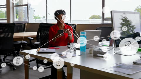 Businesswoman Using Smartphone with Digital Network Overlay in Bright Office