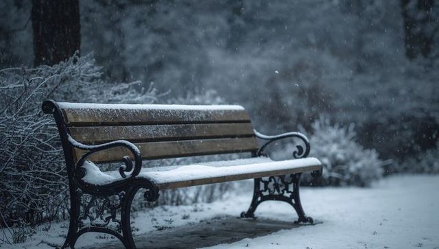 Snow-covered wooden bench with ornate cast-iron arms in quiet winter park during snowfall