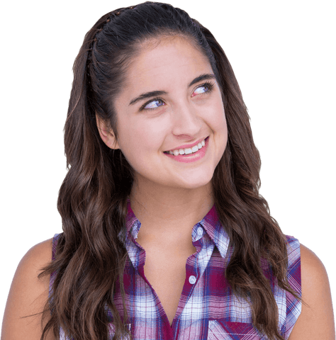Cheerful Brunette Woman Looking Up Against Transparent Background
