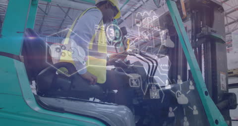 Warehouse Worker Analyzing Digital Data with Futuristic Interface