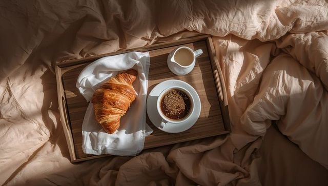 Cozy breakfast in bed with coffee and croissant