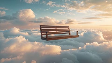 Floating Wooden Bench Above Clouds at Golden Hour