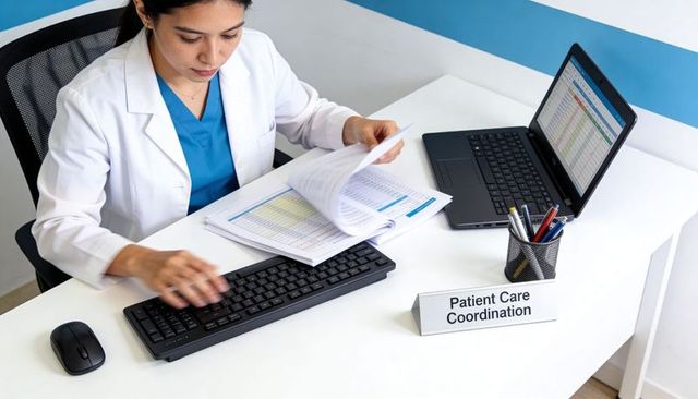 Healthcare coordinator reviewing patient records, typing spreadsheets at clinic workstation