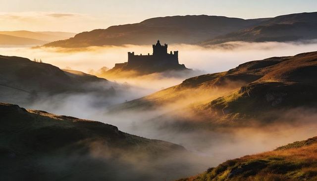 Castle silhouette rising from dawn fog, ancient moorland fortress bathing in golden light