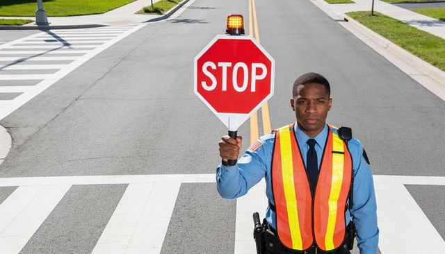 Uniformed officer holding stop sign at crosswalk directing suburban traffic