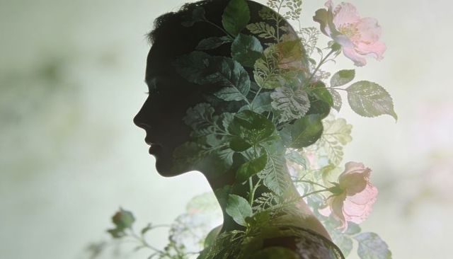 Standing woman silhouette blending with floral double exposure of green leaves and roses