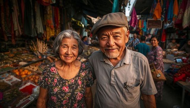 Smiling senior Asian couple at vibrant market with colorful textiles and fresh produce