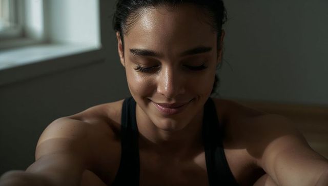 Sunlit smiling woman cooling down after intense home workout showing sweat and calm focus