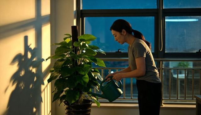 Woman watering large indoor plant at golden hour light on apartment balcony