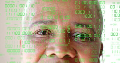 Senior woman wearing in-ear earpiece with green binary code overlay, tech portrait