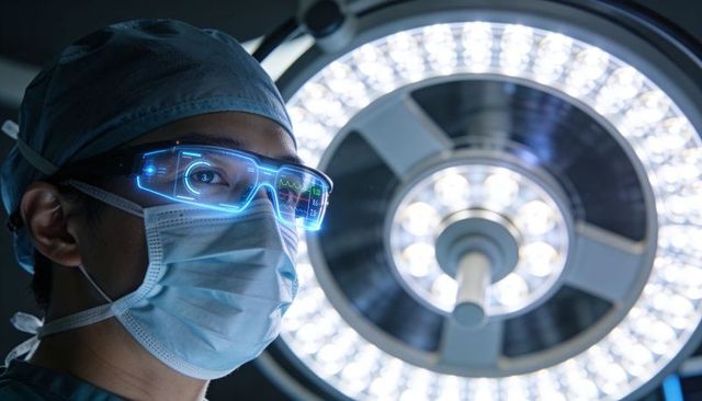 Surgeon Wearing Augmented Reality Surgical Glasses Monitoring Vital Signs in Operating Room