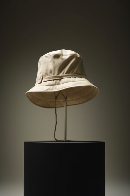 Beige bucket hat on black postument and grey background, created using generative ai technology. Fashion, hats and headwear concept digitally generated image.