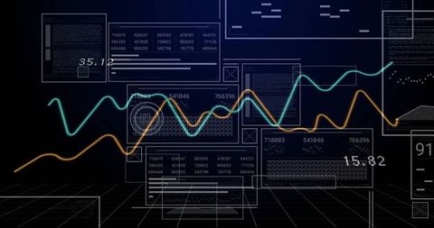 Futuristic financial dashboard showing live market data with neon line visualizations