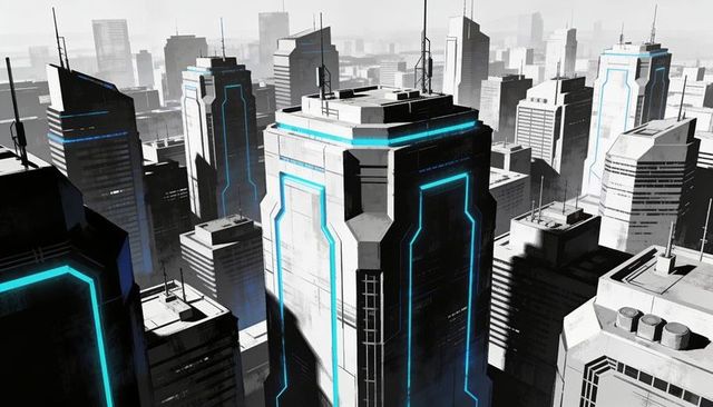 Aerial futuristic city skyline with neon cyan-lit skyscrapers and rooftop antennas