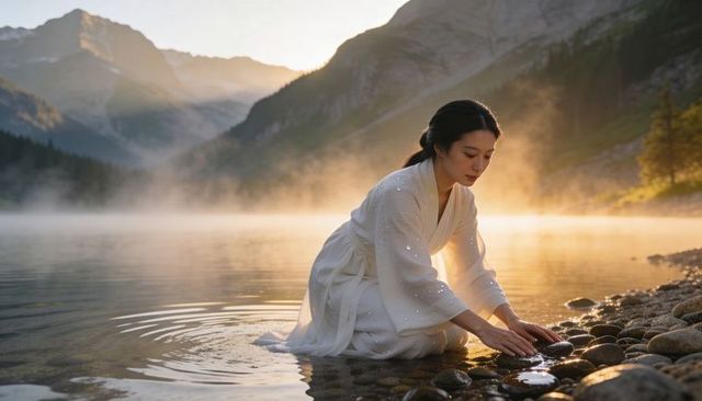 Kneeling asian woman in white flowing robe touching stones by misty alpine lake at sunrise