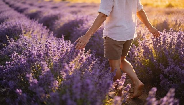 Walking barefoot through sunlit lavender field touching purple blooms at golden hour