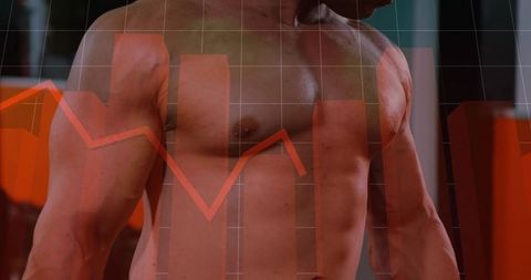 Muscular male torso flexing with red financial bar chart and line graph overlay