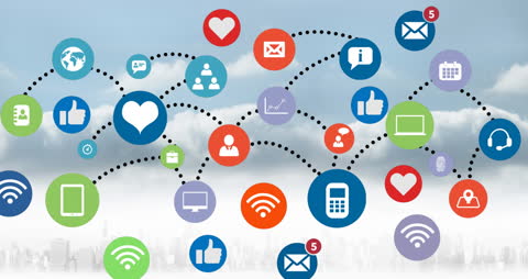 Social Media Network of Communication Icons in Overcast Sky