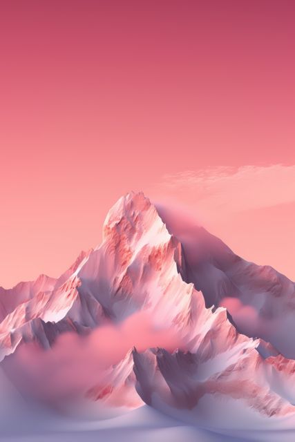 General view of snowy mountain peak and clouds on pink sky, created using generative ai technology. Landscape, scenery and beauty in nature concept digitally generated image.