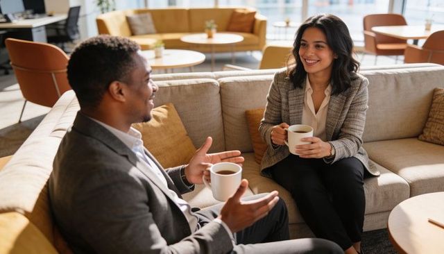 Colleagues sharing coffee and ideas on sunlit office lounge sofa during casual meeting