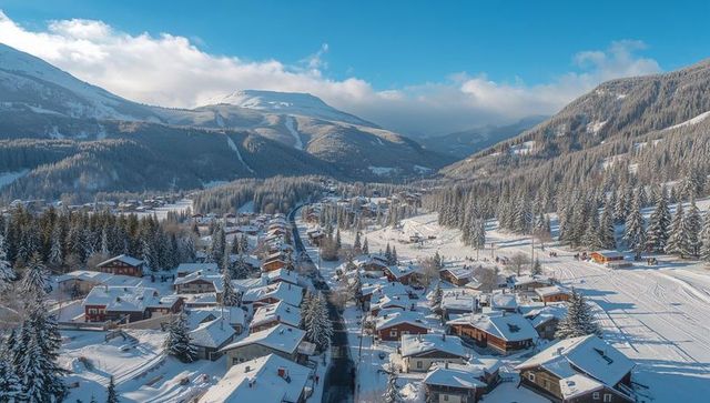 Snowy alpine village nestling in u-shaped valley with chalets, ski slopes and pine forest