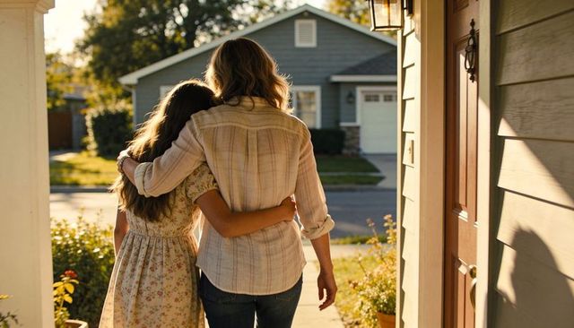 Mother and daughter walking arm-in-arm on sunlit suburban porch during golden hour