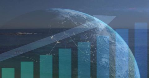 Translucent globe overlaying teal bar chart showing upward trend over calm ocean horizon