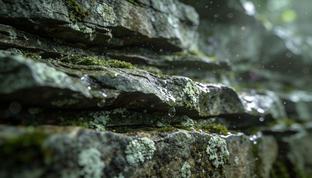 Dripping moss-covered layered rock ledge glistening with water droplets in ravine closeup