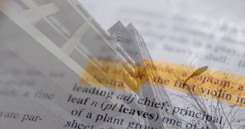 Double exposure dictionary leaf highlight overlaid urban high-rise tower abstract editorial