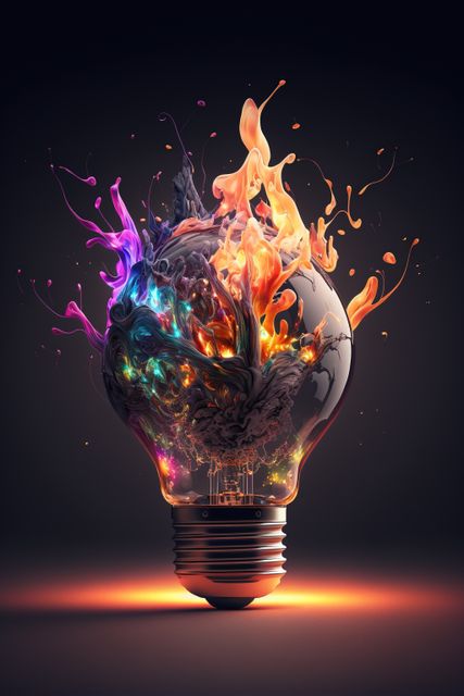 Image of lightbulb with colourful stains on black background, created using generative ai technology. Lightbulb, creative and pattern concept, digitally generated image.