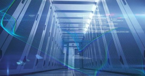 Futuristic Blue Data Center Aisle with Server Racks and Holographic Waveform