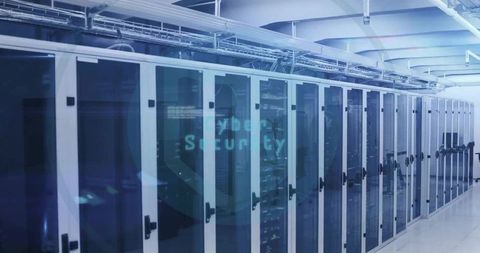 Glass Server Cabinets Lining High-Tech Data Center Minimalist Corridor with Cool Blue Lighting