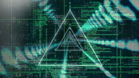 Digital Data Tunnel with Neon Triangles and DNA Strands