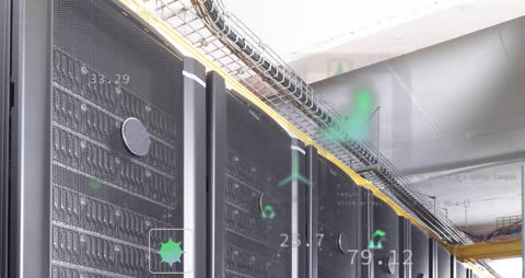 Ecology Icons Over Modern Server Room Conceptual Animation