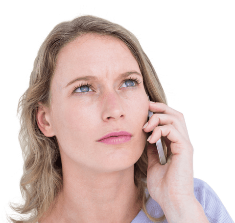 Thoughtful Woman Holding Smartphone on White Background